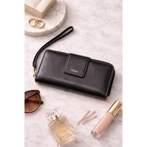 FOSSIL Black Leather Zip Wallet Wristlet with Gold Accents